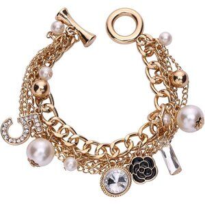 Charm Bracelet for Women Gold Tone Lucky Imitation Pearl Stone Chain
